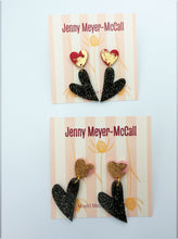 Load image into Gallery viewer, Black Sparkly Heart Dangles: Pink Heart with Gold Leaf Post
