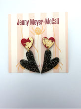 Load image into Gallery viewer, Black Sparkly Heart Dangles: Red Heart with Gold Leaf Post
