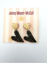 Load image into Gallery viewer, Black Sparkly Heart Dangles: Pink Heart with Gold Leaf Post
