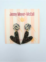 Load image into Gallery viewer, Black Sparkly Heart Dangles: Cream with Black Spotted Post
