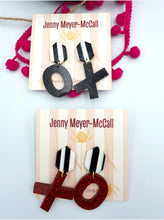 Load image into Gallery viewer, XO Red Sparkly Dangles: Black &amp; White Striped Large Posts
