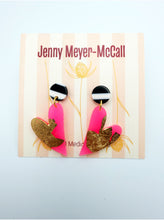 Load image into Gallery viewer, Hot Pink Heart Dangles with Gold Leaf: Black &amp; White Round Post

