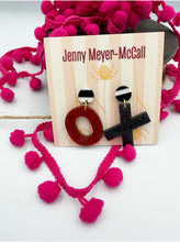 Load image into Gallery viewer, XO Red &amp; Black Sparkly Dangles: Black &amp; White Striped Round Posts
