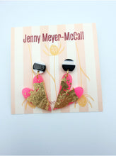 Load image into Gallery viewer, Hot Pink Heart Dangles with Gold Leaf: Black &amp; White Round Post
