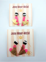 Load image into Gallery viewer, Hot Pink Heart Dangles with Gold Leaf: Black &amp; White Round Post
