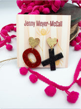 Load image into Gallery viewer, XO Red &amp; Black Sparkly Dangles: Red Heart with Gold Leaf Posts

