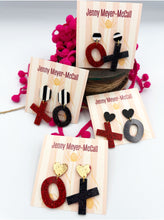 Load image into Gallery viewer, XO Red Sparkly Dangles: Black &amp; White Striped Large Posts

