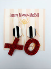 Load image into Gallery viewer, XO Red Sparkly Dangles: Black &amp; White Striped Large Posts
